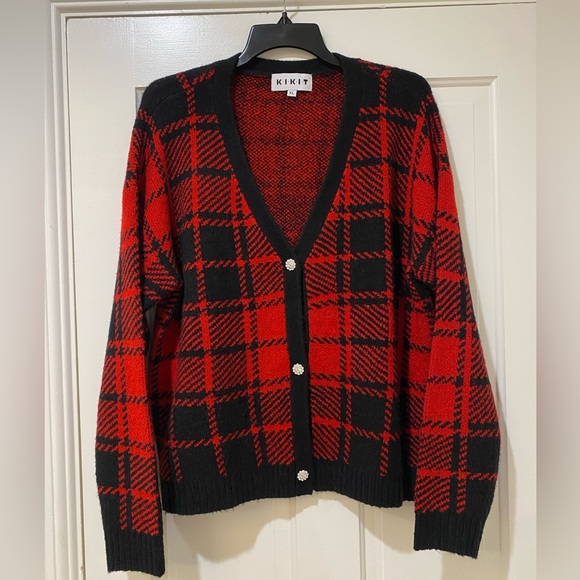 KIKIT red plaid button down crop cardigan jacket - Picture 4 of 14